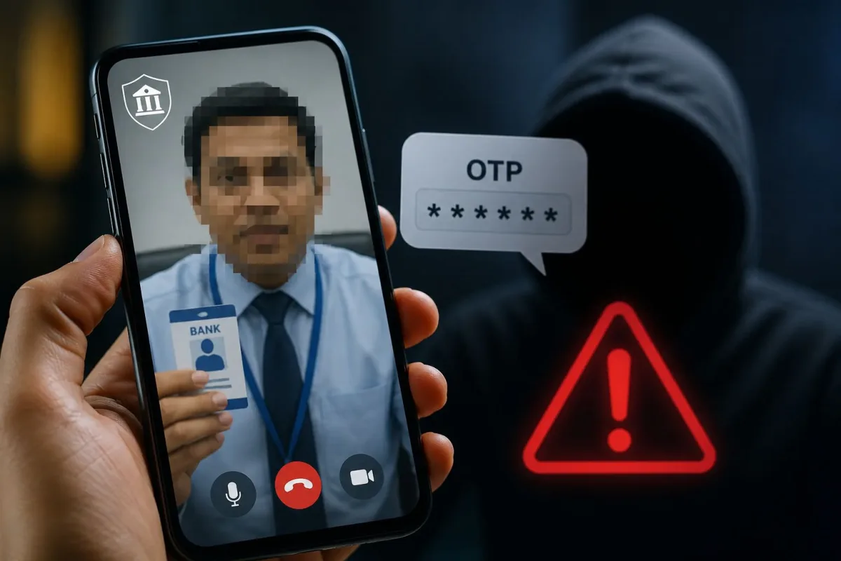 Person receiving a fake KYC video call from a fraudster posing as a bank official to steal OTP and Aadhaar details