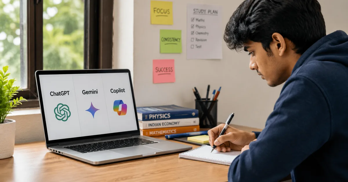 ChatGPT vs Gemini vs Copilot comparison for Indian students in 2026 showing AI chatbot logos on a laptop screen