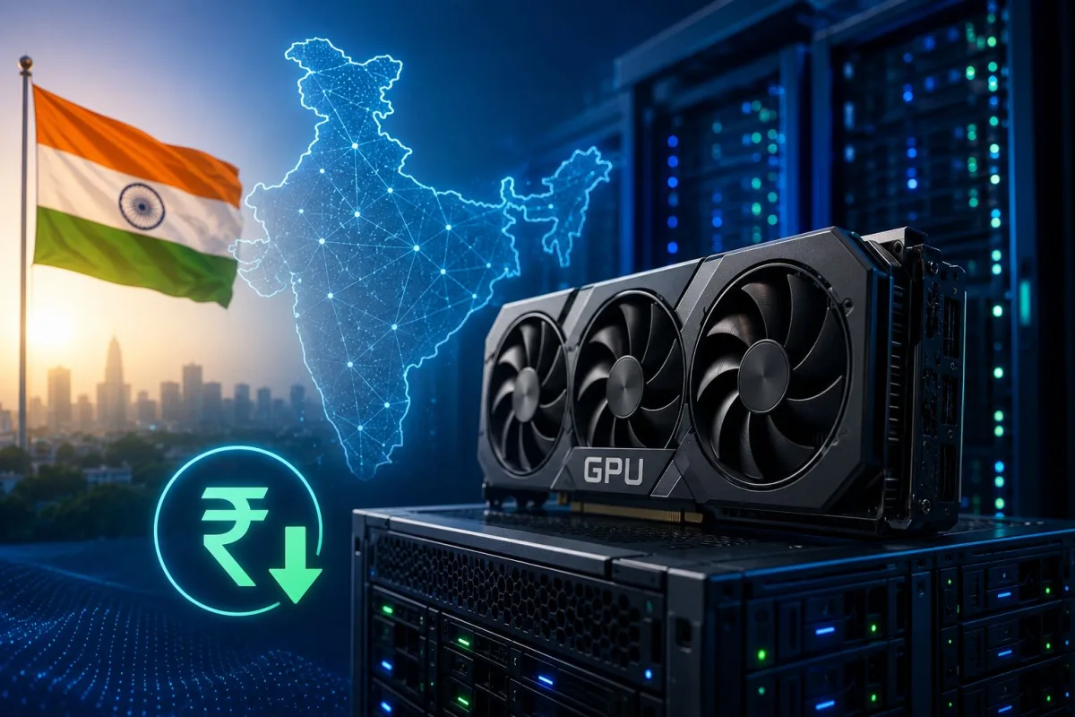 Server racks representing the IndiaAI Compute Capacity program and subsidized GPUs in India