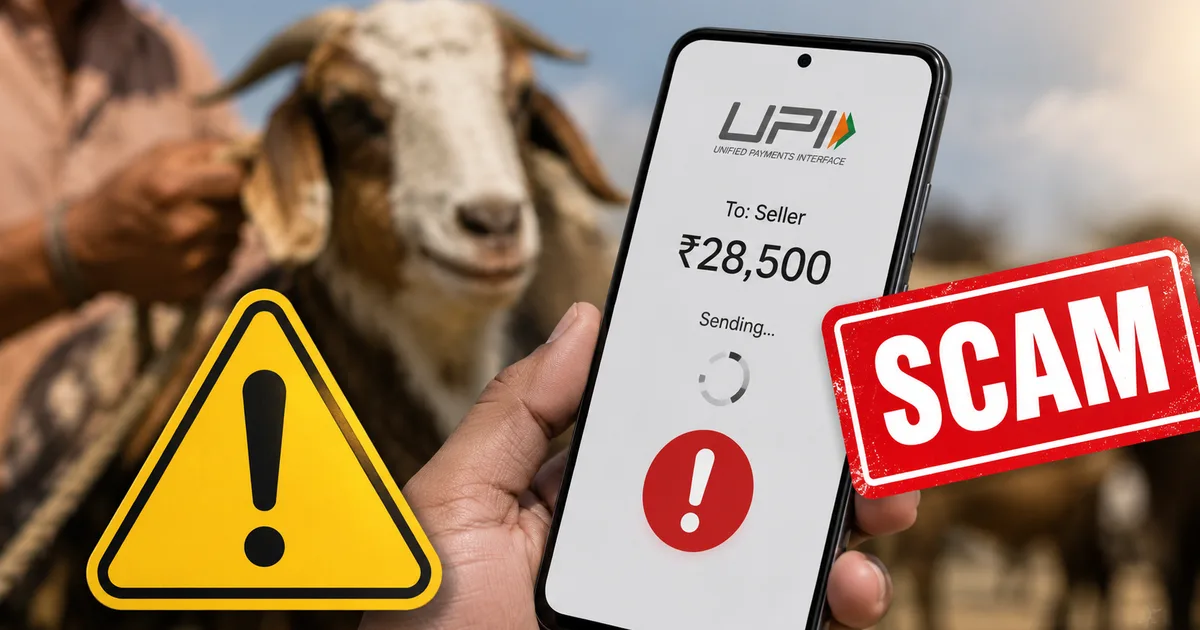 Bakrid Eid ul Adha 2026 UPI payment scam warning showing fake payment screenshot fraud targeting cattle buyers and sellers at Indian markets