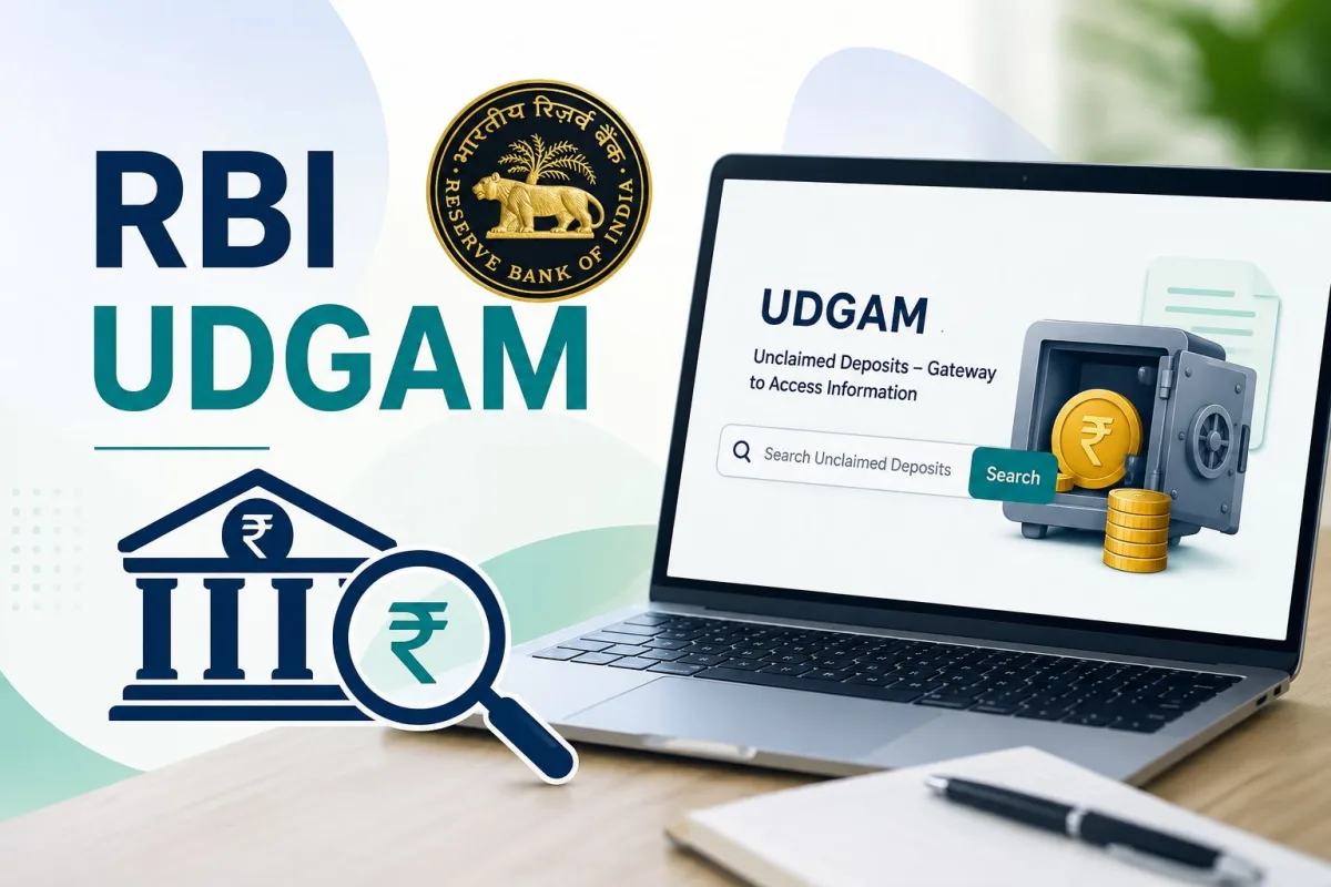 A laptop screen showing the RBI UDGAM portal homepage for tracking unclaimed bank deposits