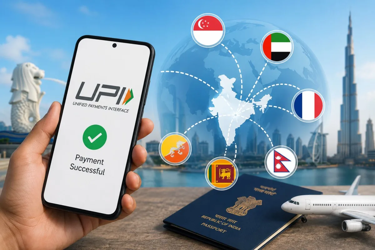 Traveler scanning a foreign QR code at an airport using an Indian UPI payment app