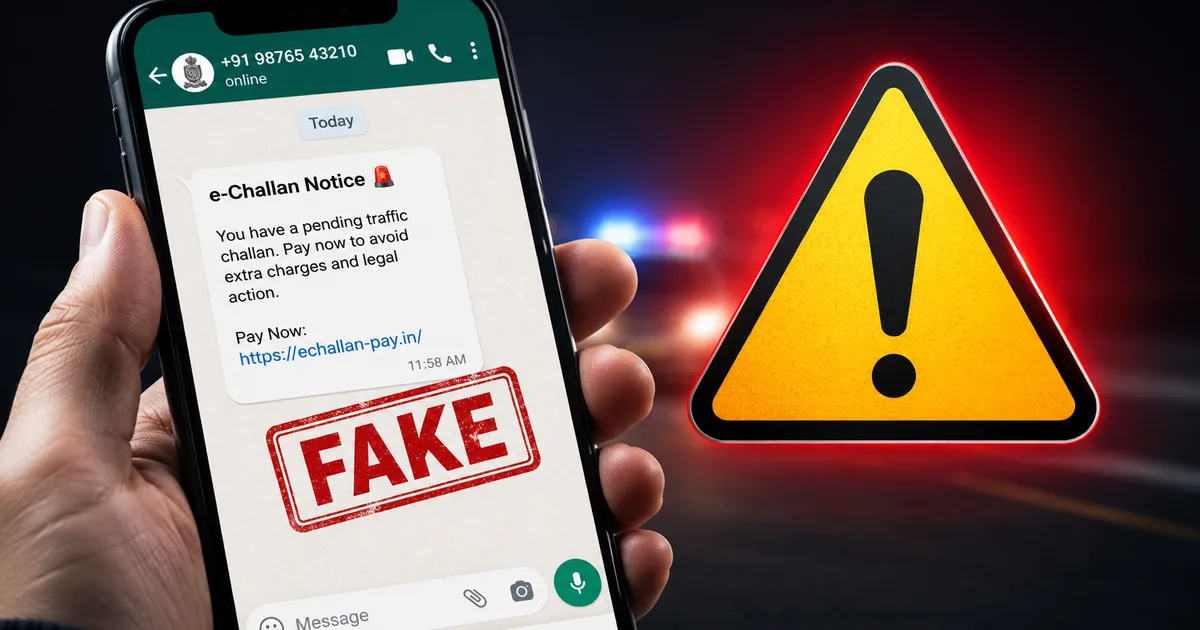 Fake e-challan WhatsApp scam warning showing APK malware download link on Android phone targeting Indian vehicle owners