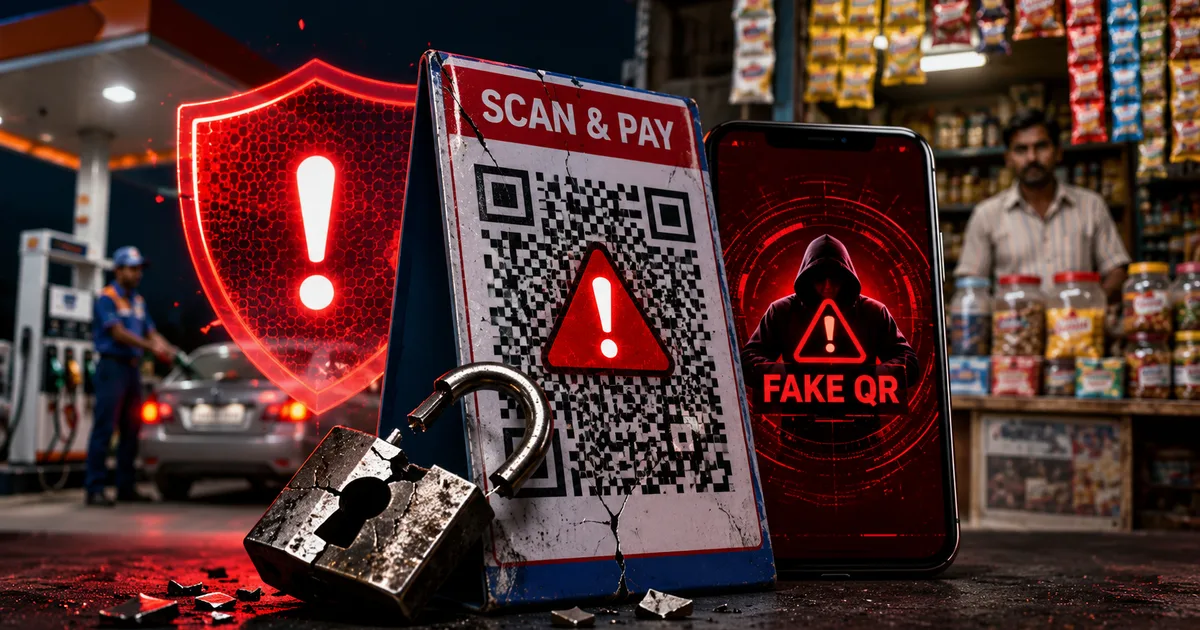 Fake UPI QR code scam warning poster for petrol pumps and kirana stores in India 2026