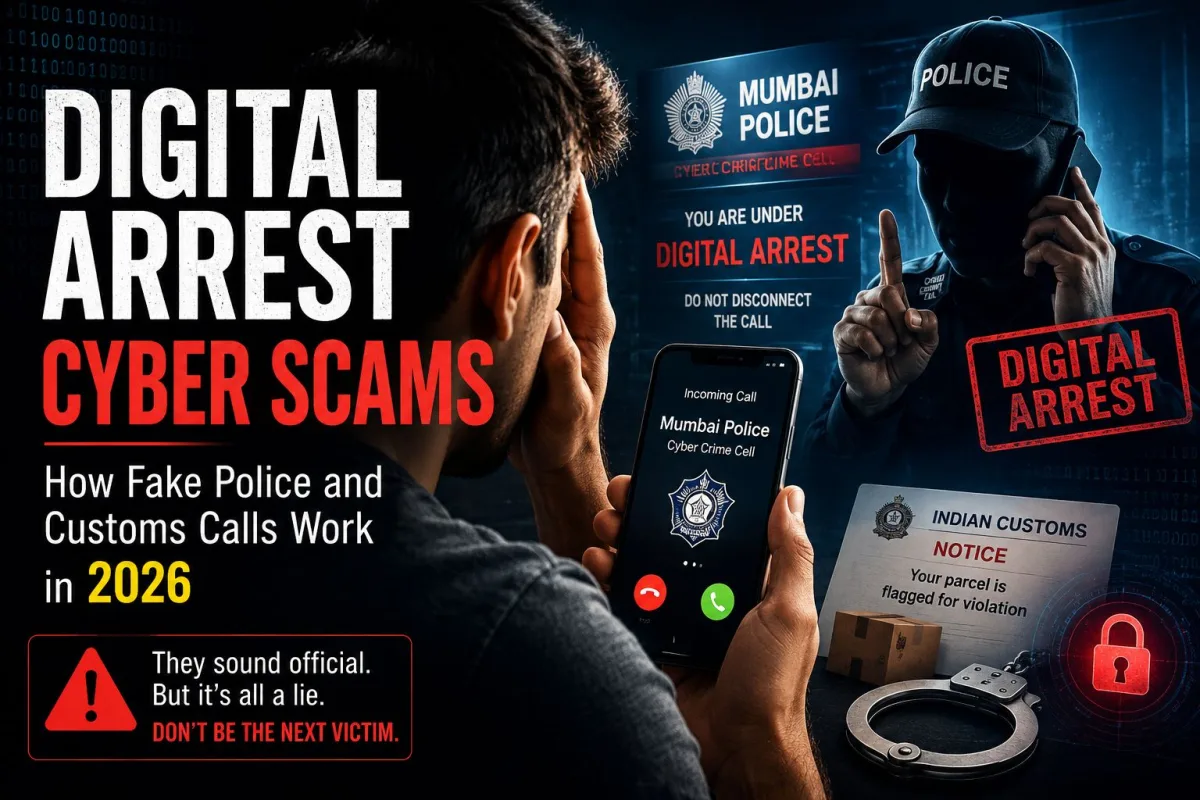 A smartphone screen displaying a WhatsApp video call from a scammer dressed in a fake Indian police uniform