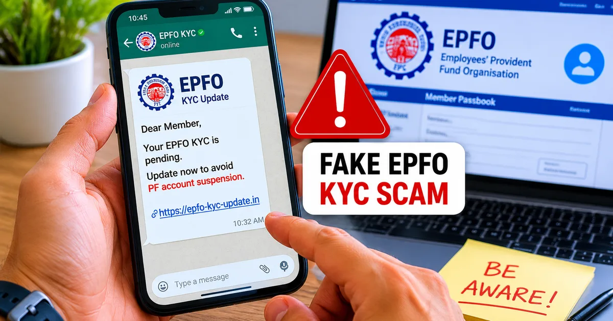 Fake EPFO KYC update scam warning showing fraudulent WhatsApp message targeting PF account holders in India 2026