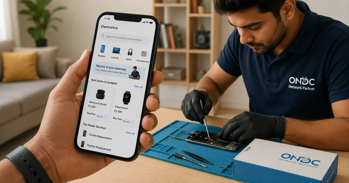 Person using smartphone to browse ONDC for electronics showing gadgets and repair services on a buyer app in India