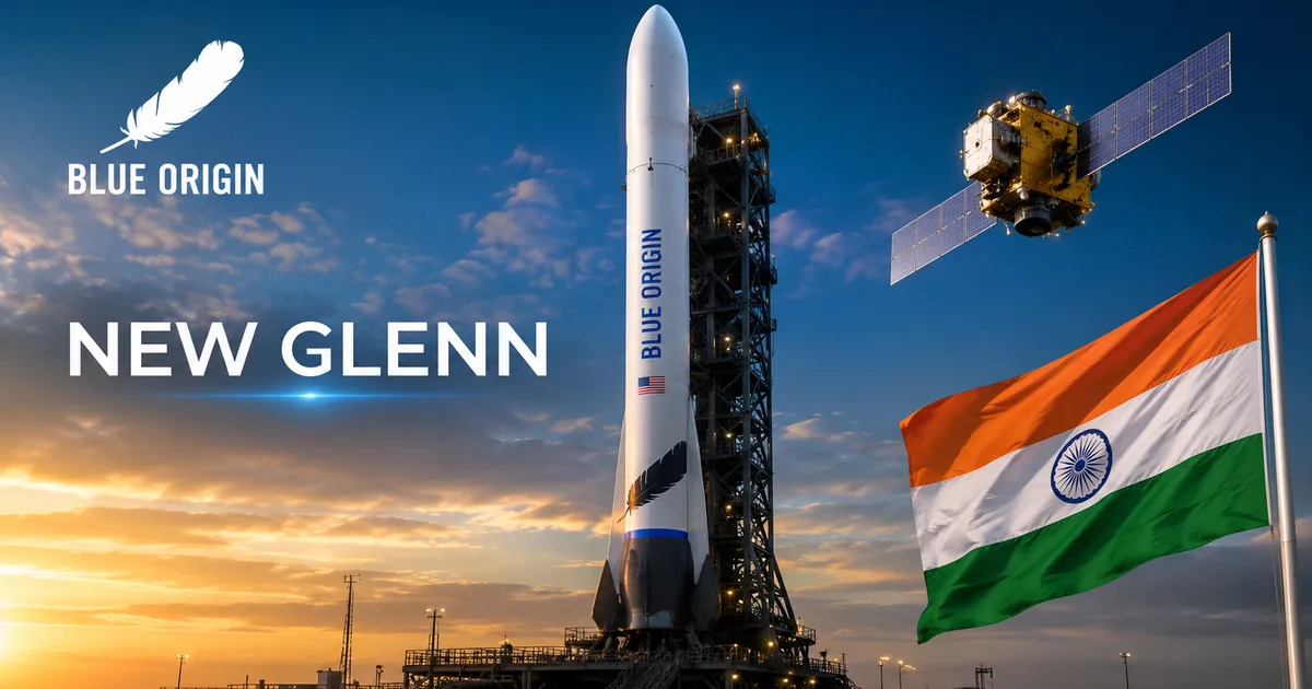 Blue Origin New Glenn rocket on the launch pad at Cape Canaveral with BE-4 engines, India satellite launch opportunities 2026