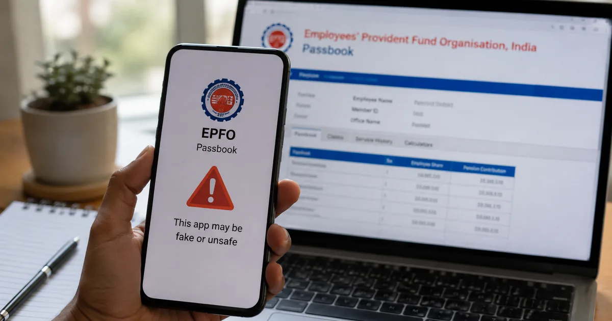 Fake EPFO passbook app scam warning showing cloned UMANG login screen on Android smartphone