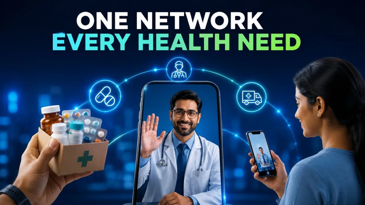 Illustration of ONDC healthcare network connecting Indian patients with doctors and pharmacies across multiple apps using ABHA ID