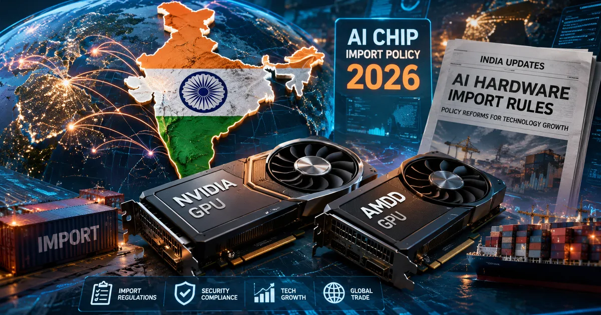 India AI chip import policy 2026 showing Nvidia H200 and AMD Instinct GPU hardware with import customs documentation