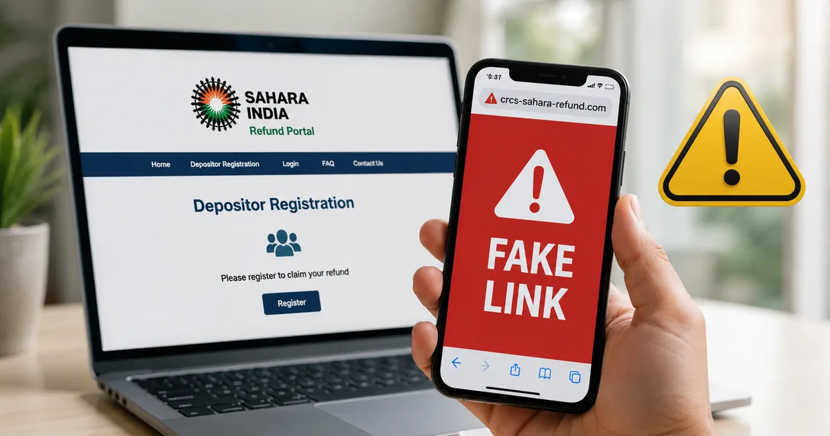 A mobile screen showing a fake message with a fraudulent Sahara India Refund Portal link.