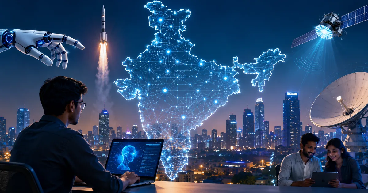A modern Indian office workspace showing laptop screens with data charts representing the latest tech news trends in India 2026