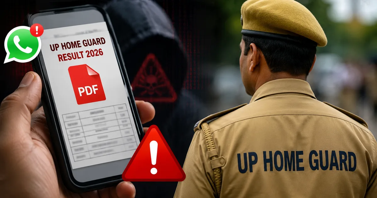 Fake UP Home Guard Result 2026 PDF warning with a smartphone displaying malware alert