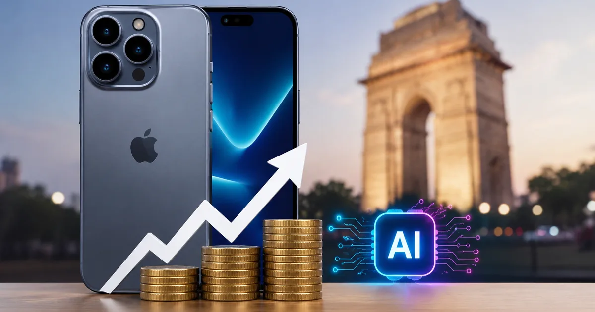 A person looking at a high iPhone price tag in India with AI graphics in the background