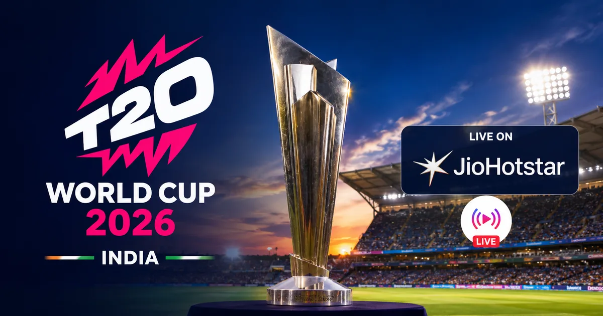 India cricket players celebrating during T20 World Cup 2026 match with JioHotstar live streaming app on mobile phone