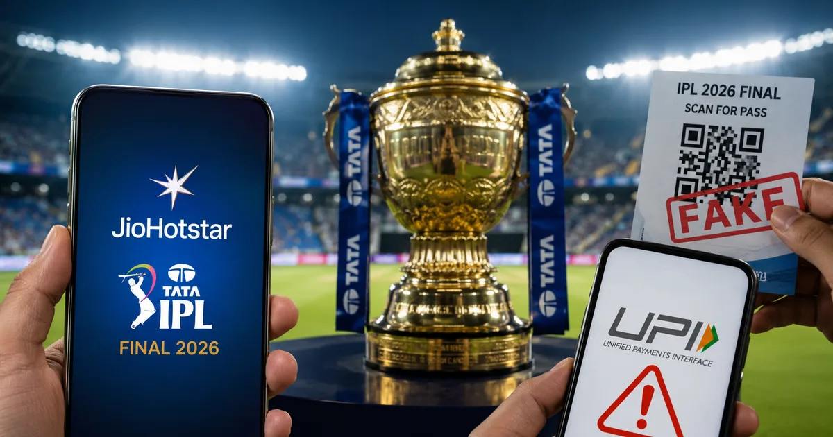 IPL 2026 Final watch guide showing JioHotstar app on mobile phone with UPI payment safety tips and ticket QR code scam warning