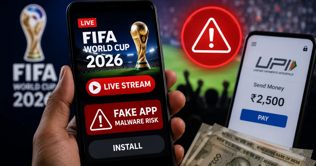 Fake FIFA World Cup 2026 streaming app scam warning showing fraudulent APK download page targeting Indian football fans with UPI payment fraud