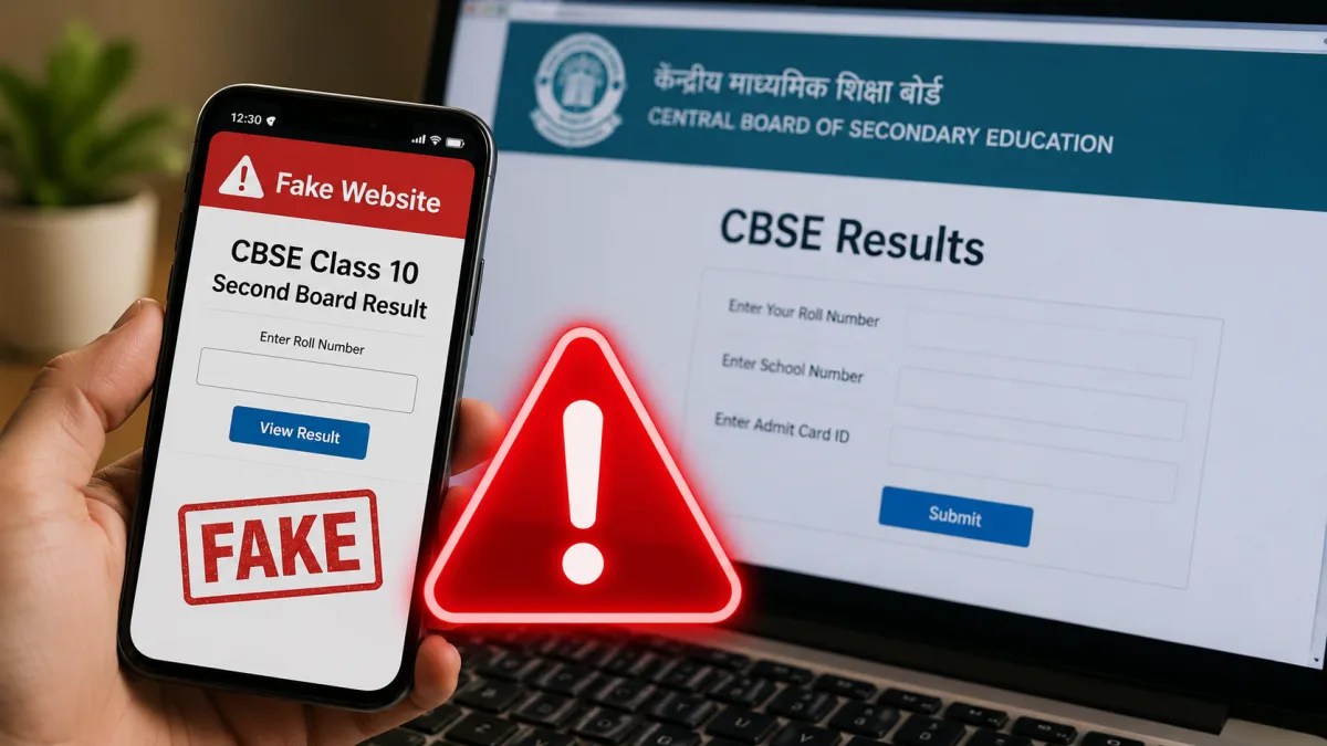 Official CBSE logo overlay on a smartphone warning screen representing fake CBSE Class 10 second board result links