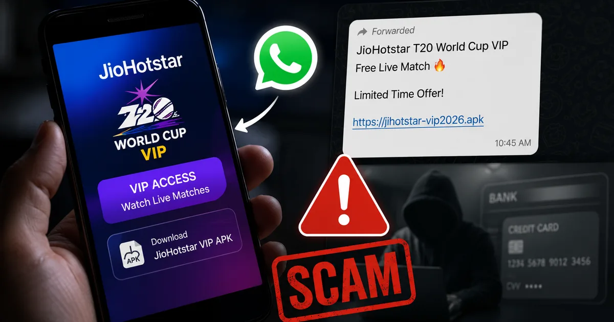 A smartphone showing a fake WhatsApp APK file download link next to a banking warning sign.