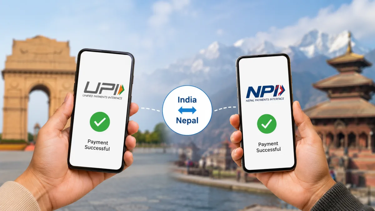A smartphone showing a successful money transfer transaction via the India-Nepal UPI-NPI linkage.