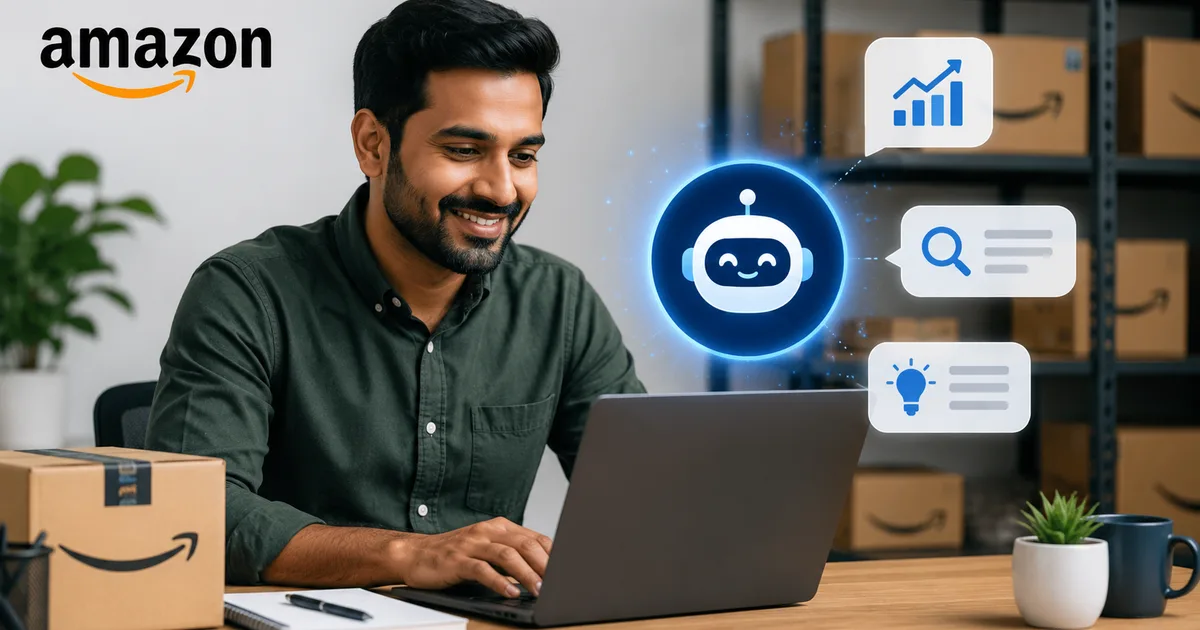 Amazon's AI Seller Assistant dashboard interface showing Hinglish chat support for Indian sellers
