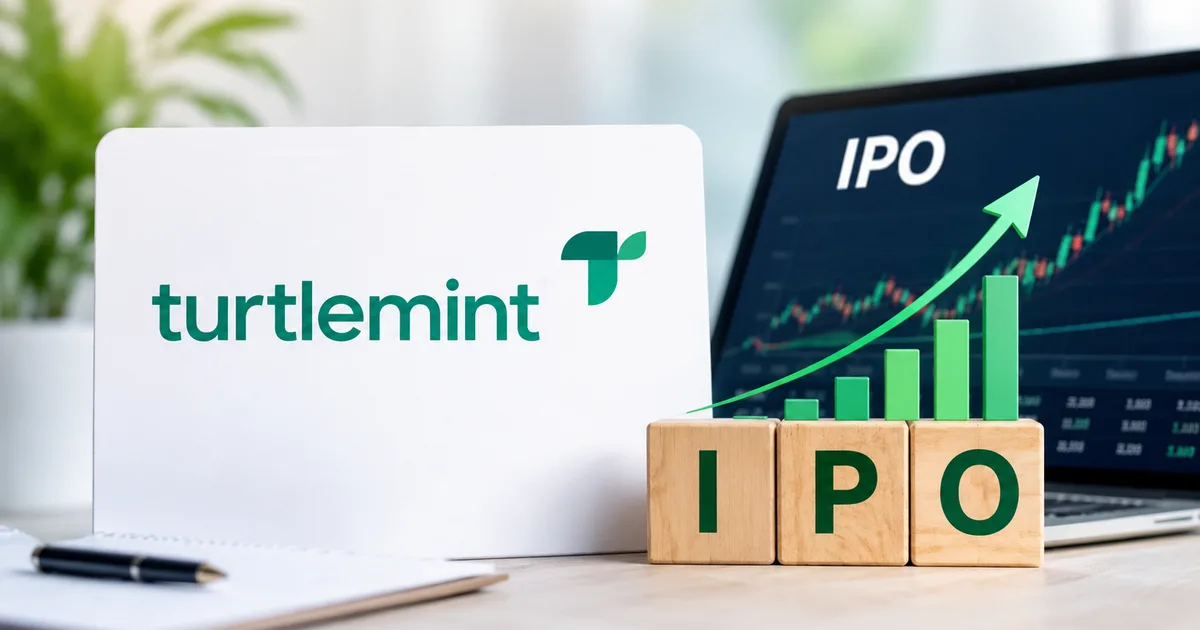 Turtlemint Fintech IPO price band, lot size, and GMP details on a digital screen