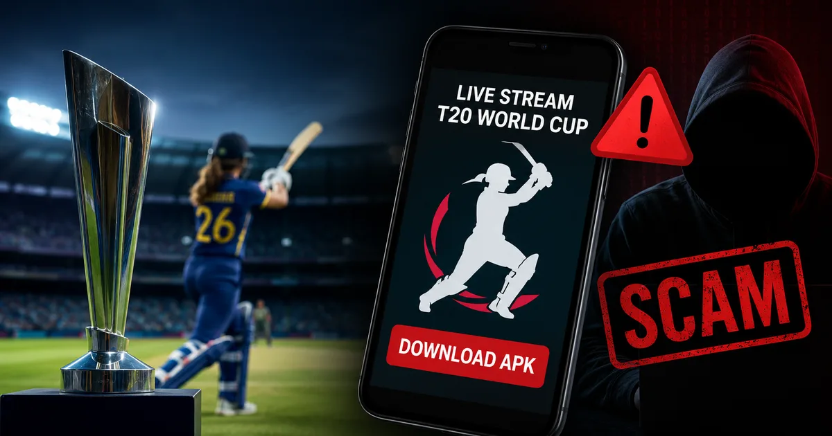 Screenshot of a fake ICC Women's T20 World Cup 2026 streaming APK scam warning on a smartphone screen