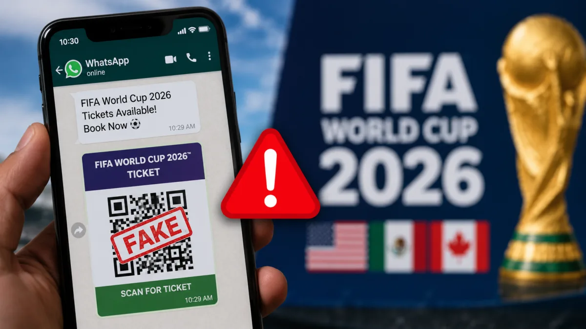 Fake FIFA World Cup 2026 ticket QR code scam warning for Indian football fans on WhatsApp and Telegram