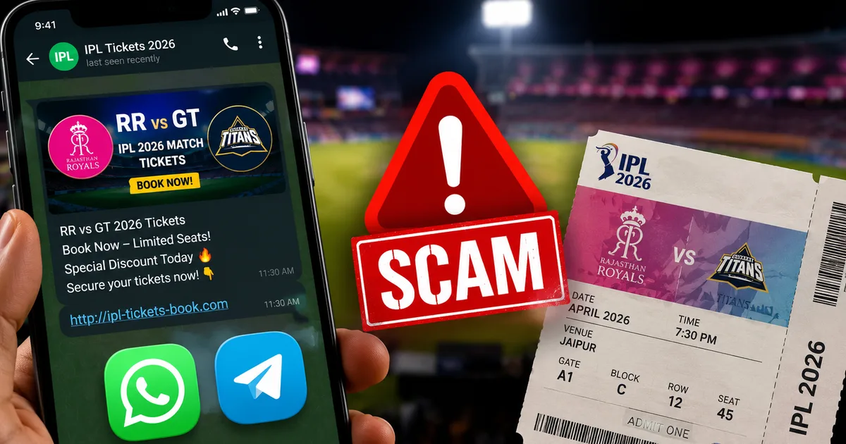 Warning graphic showing fake IPL ticket scam alert for RR vs GT 2026 match circulating on WhatsApp and Telegram with fake QR code ticket