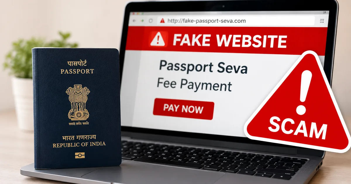 A computer screen showing fake Passport Seva fee hike scams website warnings