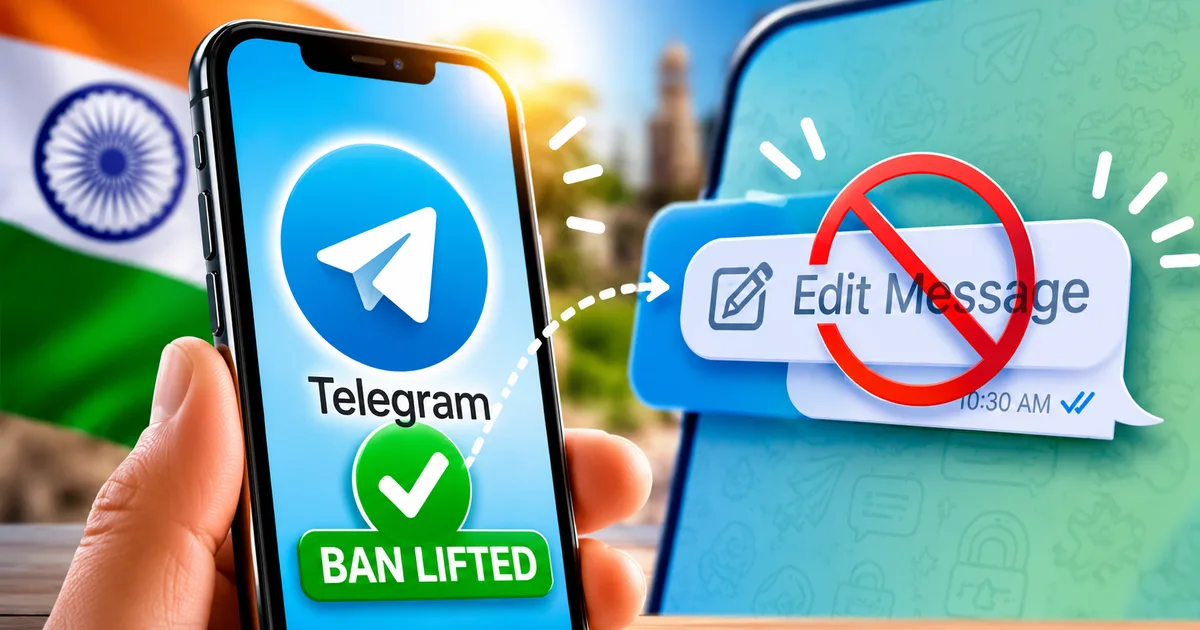 Telegram ban lifted in India announcement on a smartphone screen showing the app logo