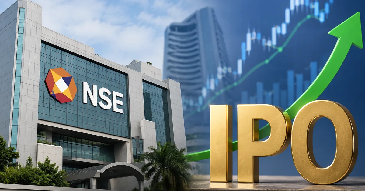 NSE IPO draft prospectus filing illustration with stock exchange building and SEBI logo