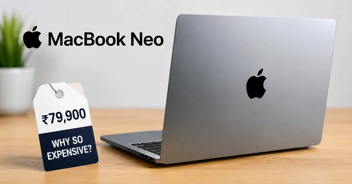 Apple MacBook Neo price hike India showing the laptop next to a price tag of ₹79,900