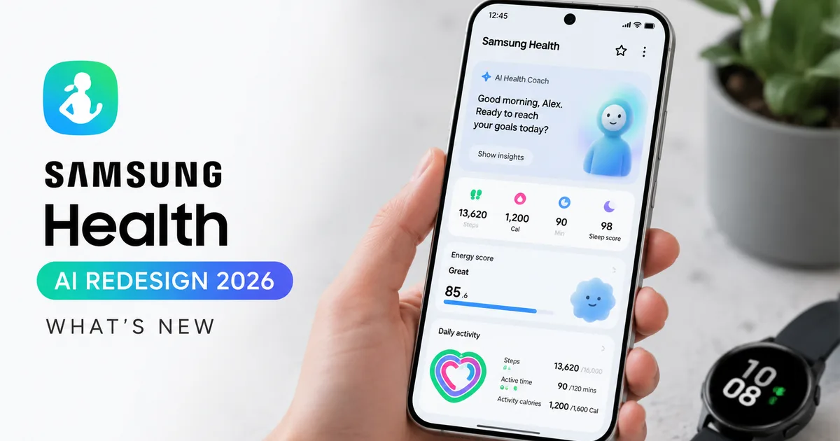Samsung Health App AI Redesign 2026 update on a Galaxy Watch screen showing health metrics