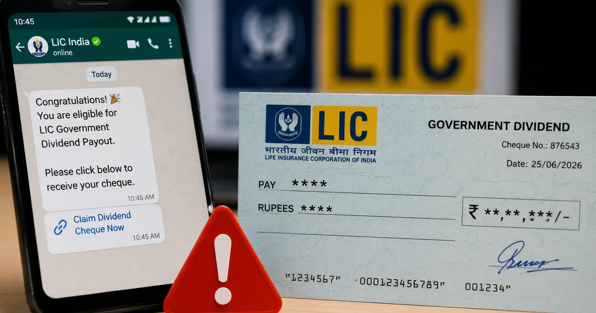 Warning sign on a smartphone screen showing a fake LIC dividend WhatsApp scam message