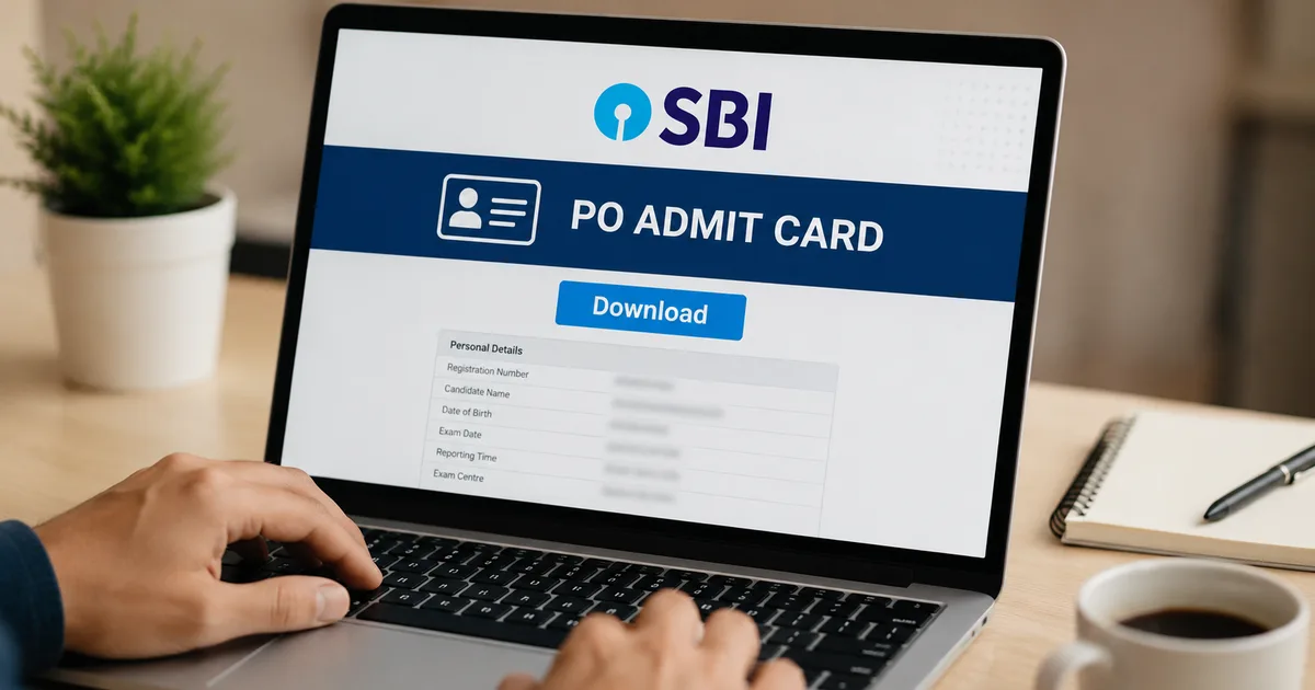 SBI PO admit card 2026 download guide and exam center on a laptop