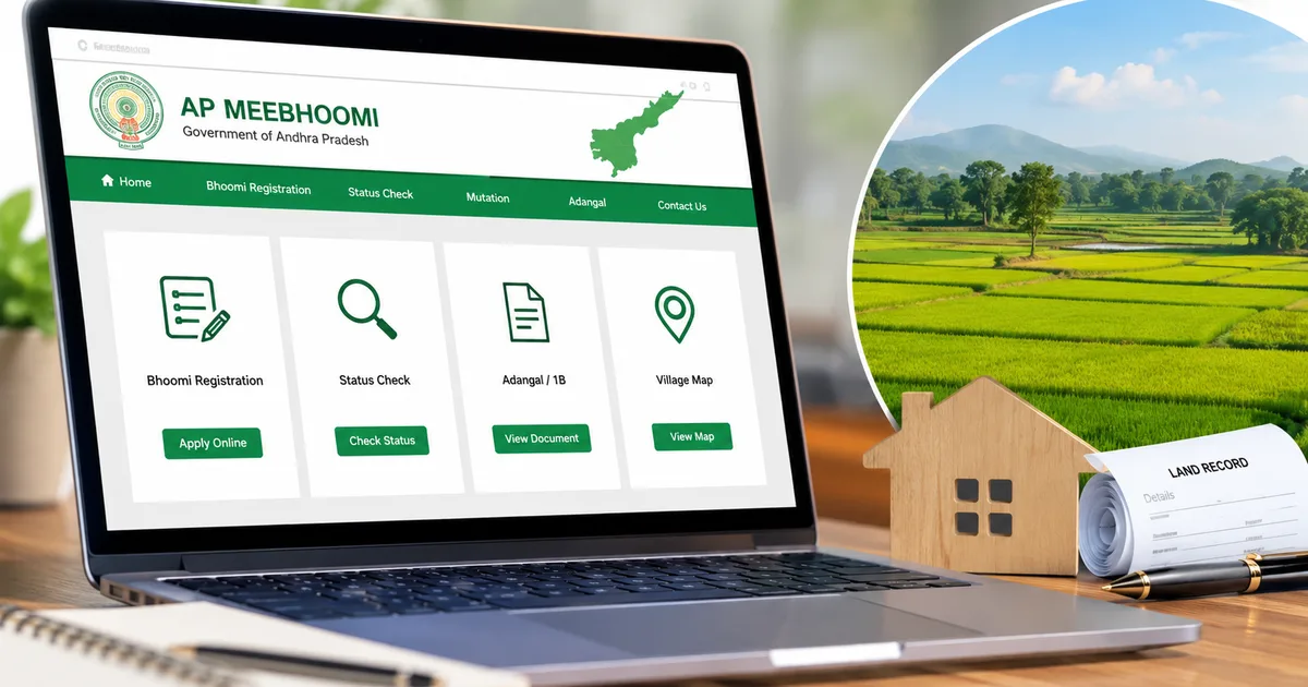 Screenshot of AP Meebhoomi Portal 2026 homepage for checking land records