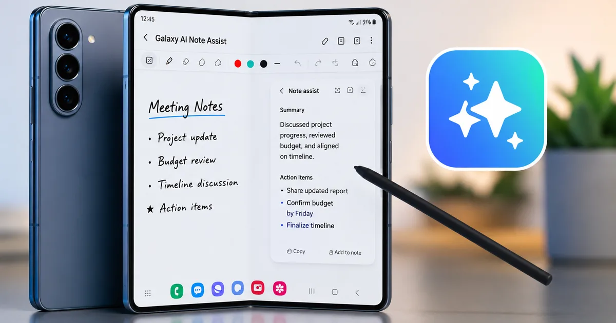Person using the Samsung Galaxy Z Fold 8 Note Assist tool on the inner screen
