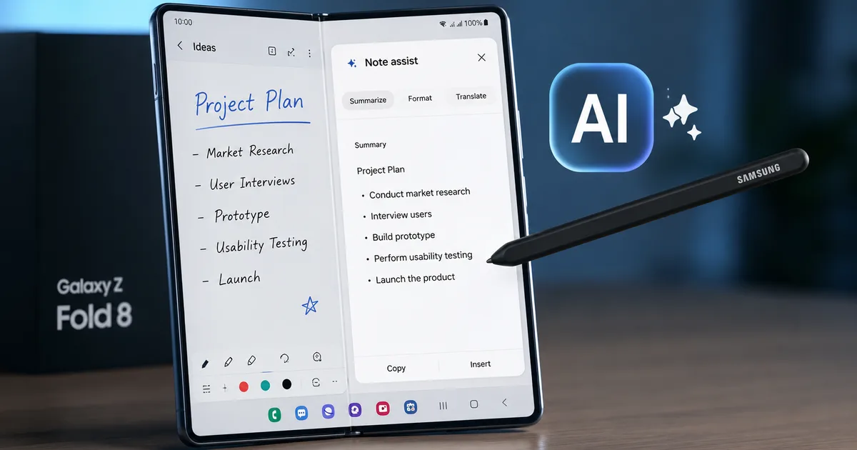 Samsung Galaxy Z Fold 8 AI features on display showing Note Assist and Live Translation
