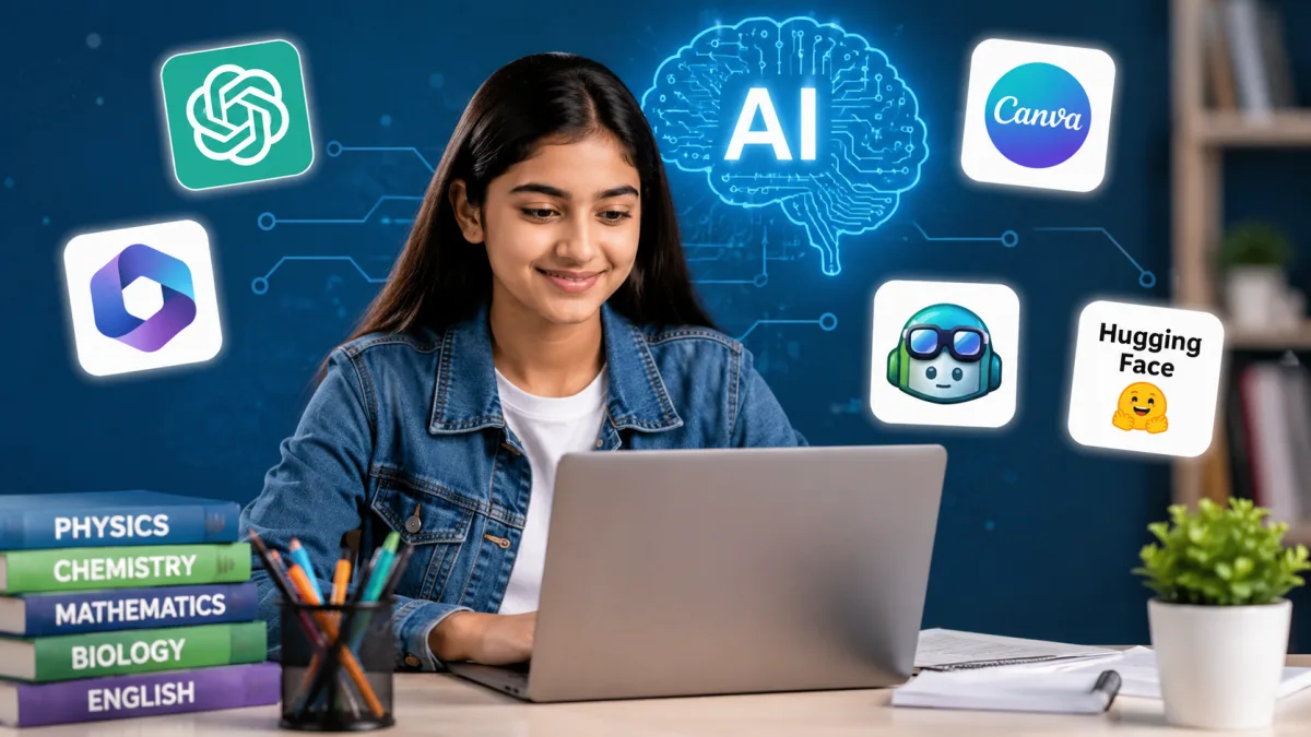 Student using free AI tools on laptop for CBSE 2026 project work