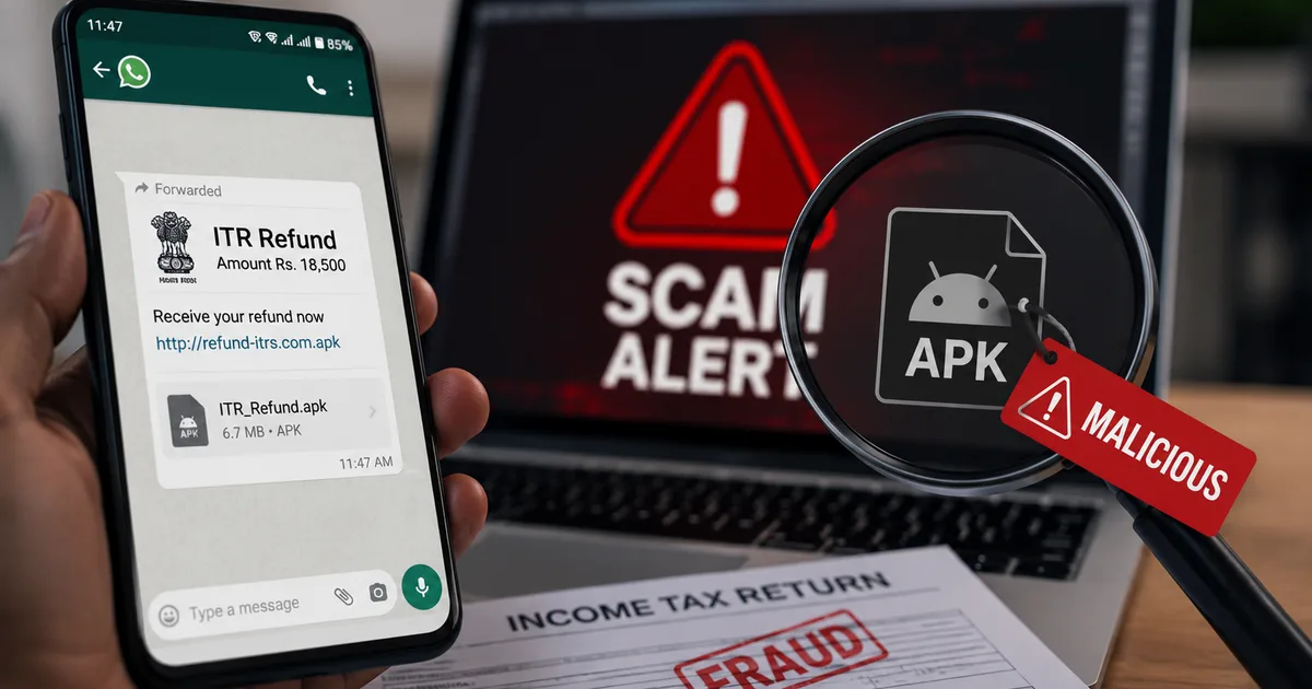Fake ITR refund APK scam warning on a smartphone screen next to Indian rupees