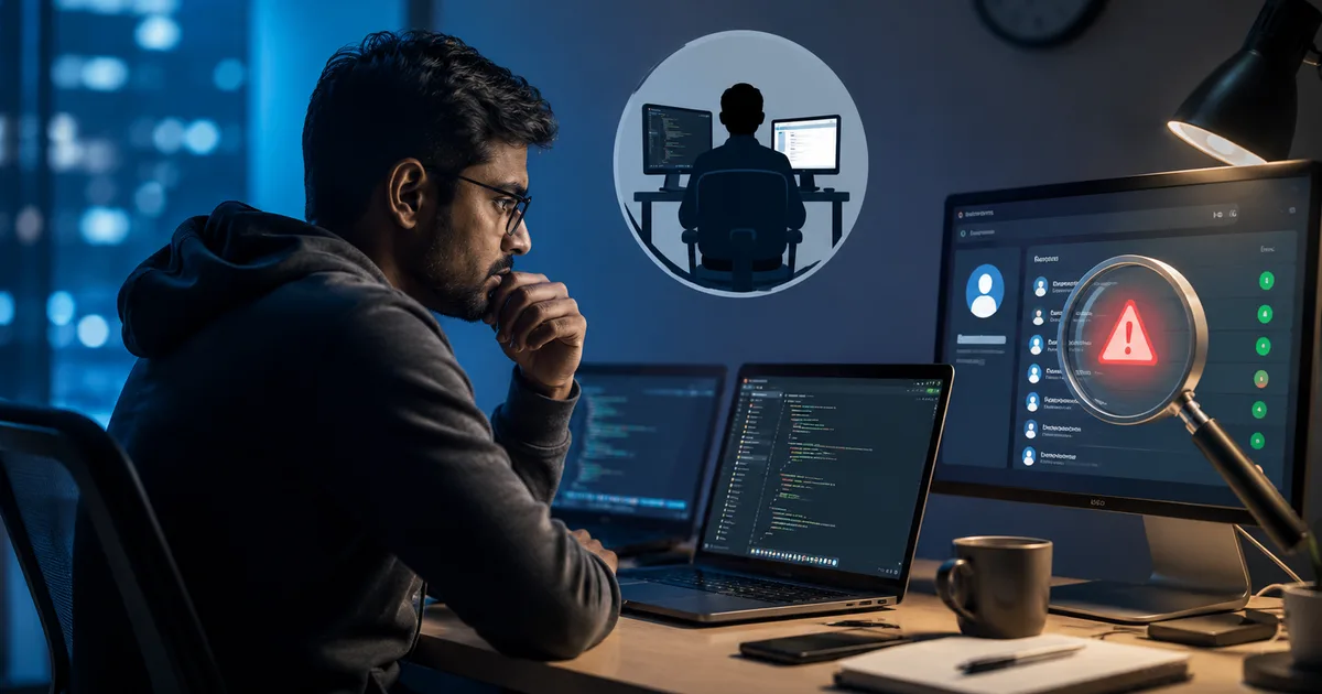 Indian techie working on multiple laptops late at night
