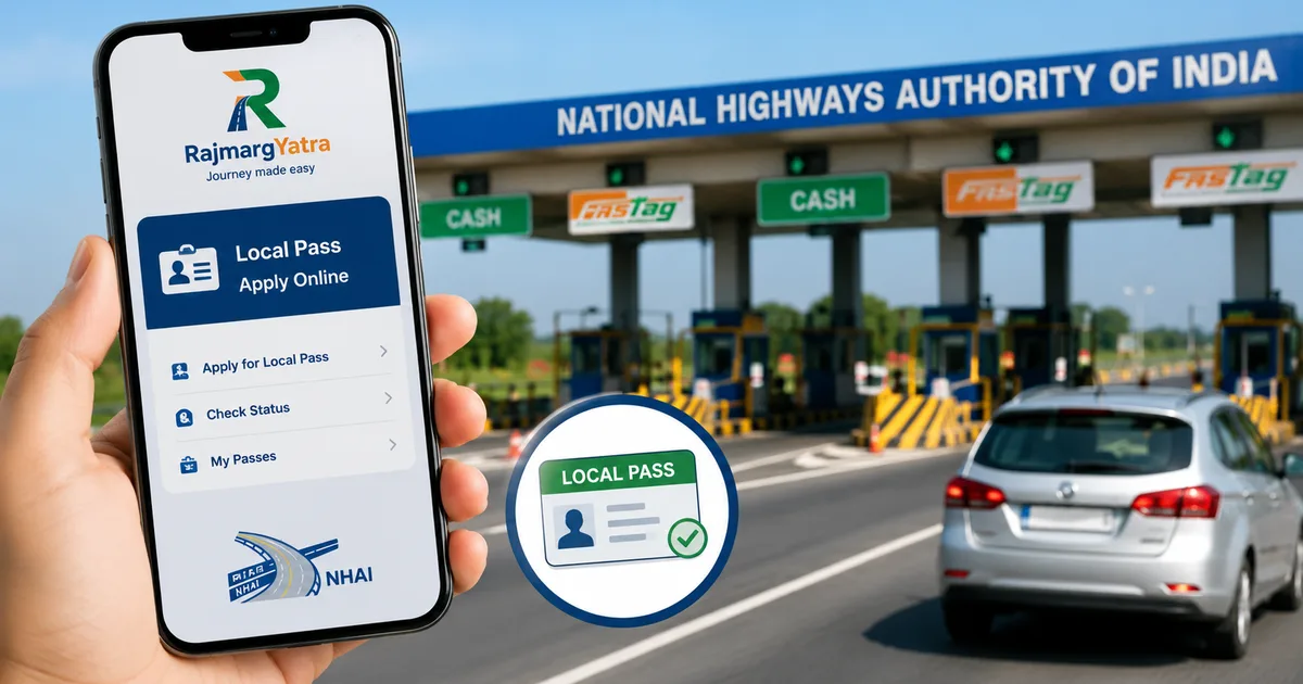 Smartphone displaying the NHAI RajmargYatra App Local Pass 2026 application screen