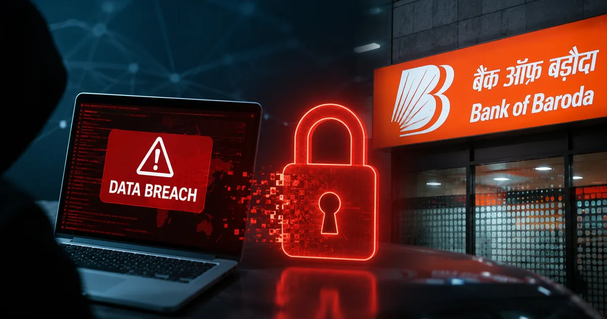 Illustration representing a bank vault with digital data leaking out, conceptualizing the Bank of Baroda security incident