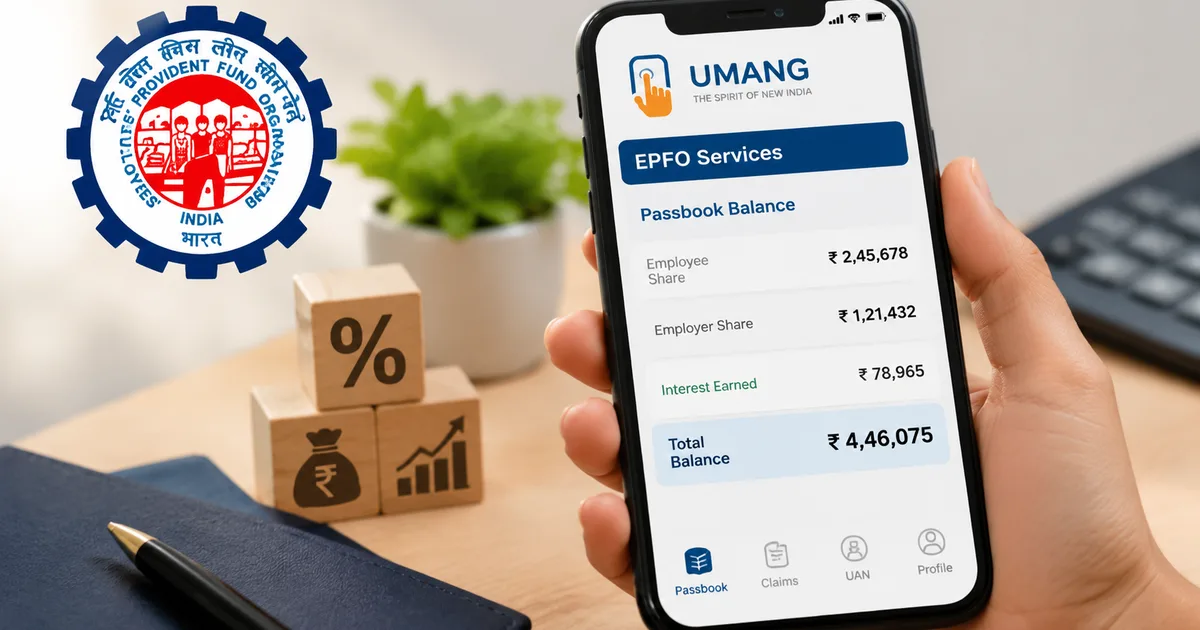 Umang app interface showing the EPFO interest credit 2026 passbook balance