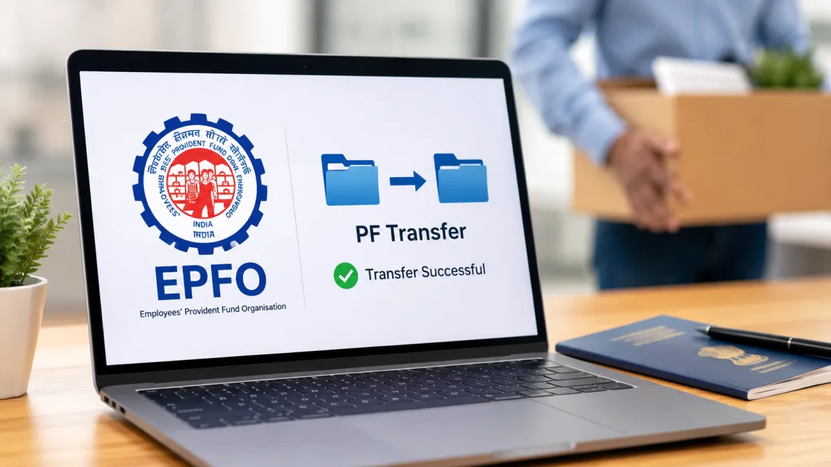 Person using laptop to complete EPFO job change PF transfer on UAN portal