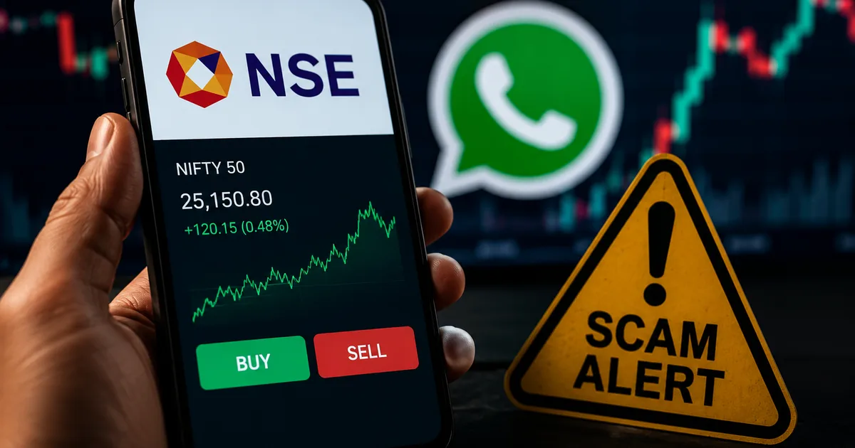 Fake NSE trading app scam warning showing a phone with a stock chart