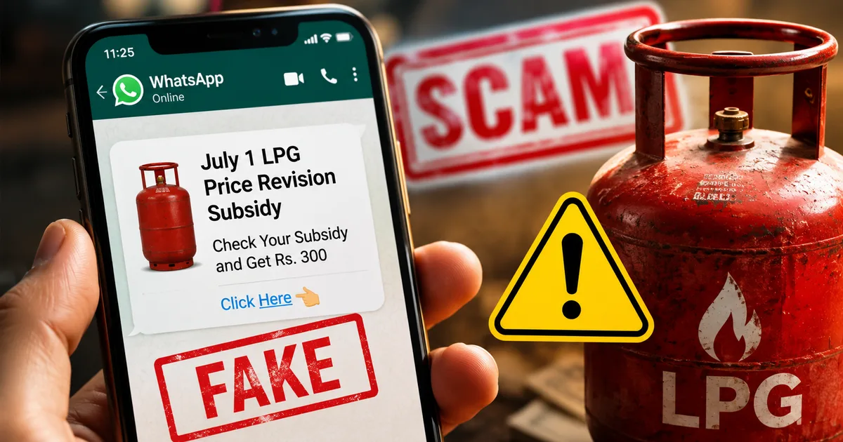 Screenshot of a fake WhatsApp message claiming a July 1 LPG subsidy refund