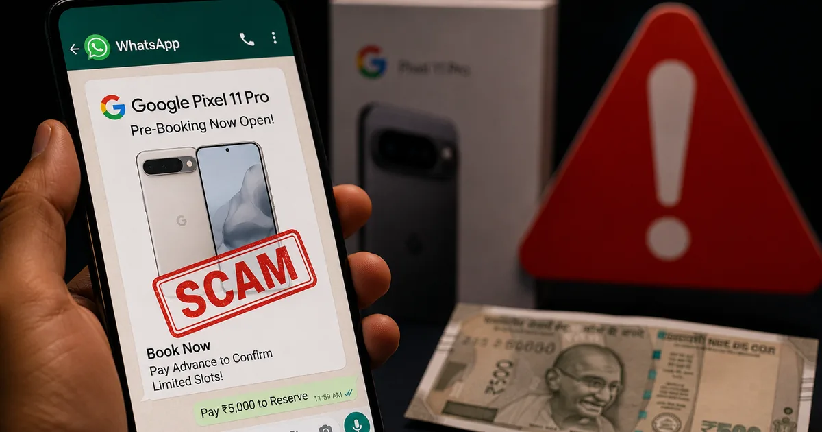Warning sign for Fake Google Pixel 11 Pro Pre-Booking WhatsApp Scam on a mobile phone screen